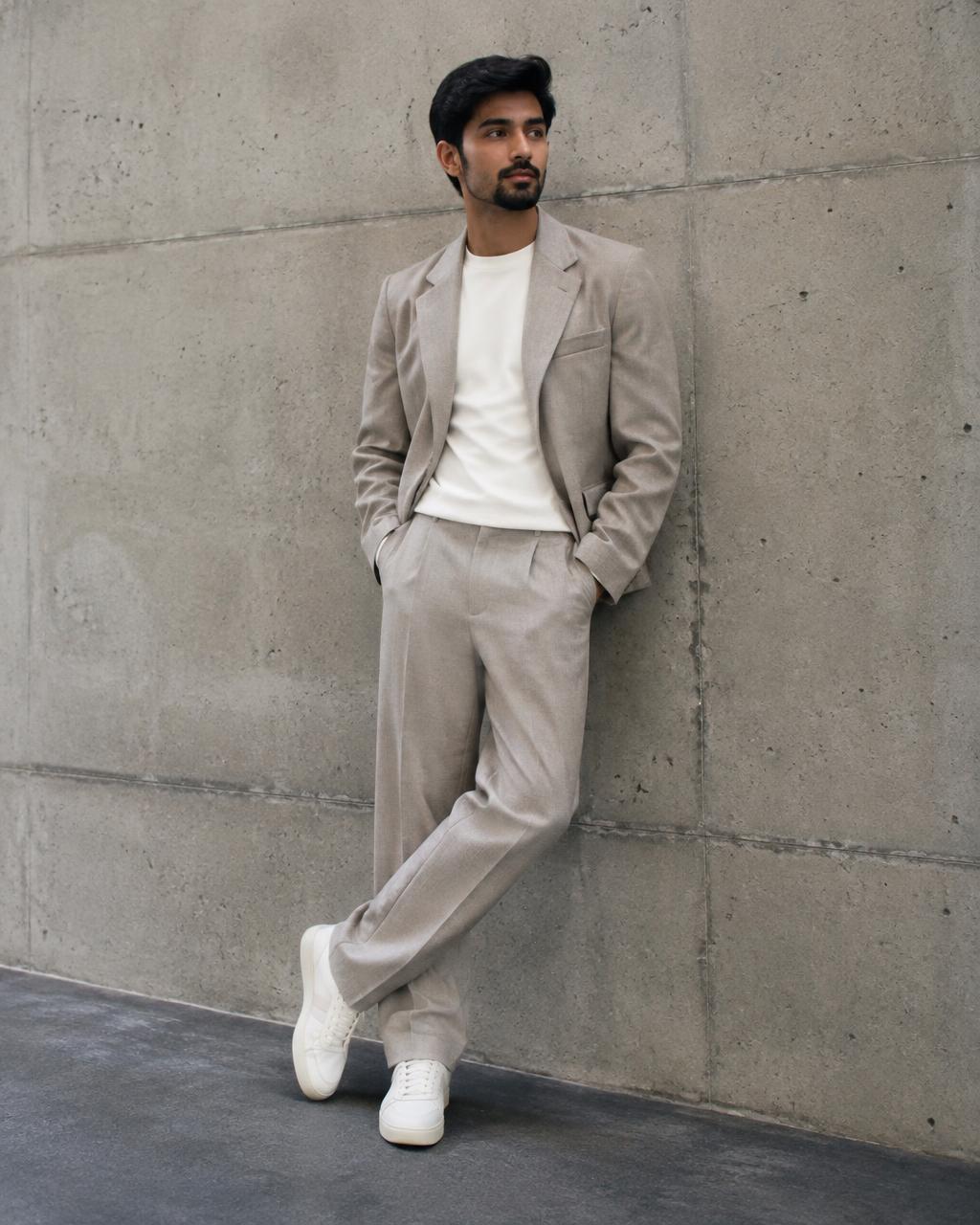 Fashion creator posing against a concrete wall