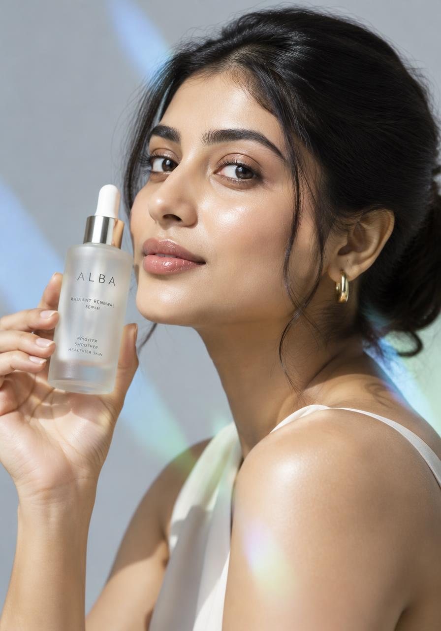 Beauty creator holding a frosted serum bottle in soft daylight